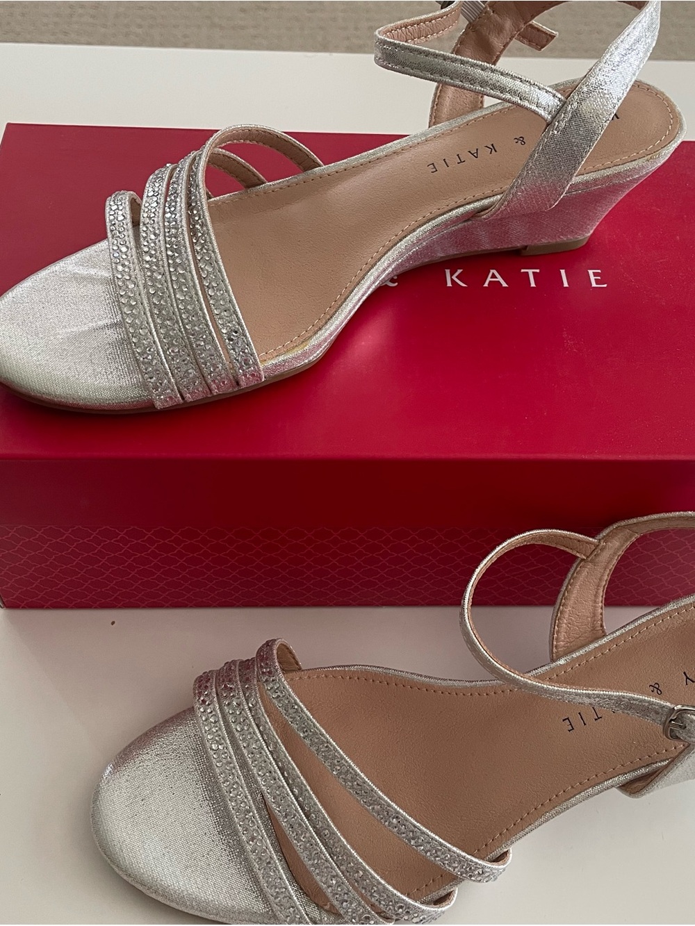 Kelly & Katie Silver Crystal Strappy Low Wedge Sandals